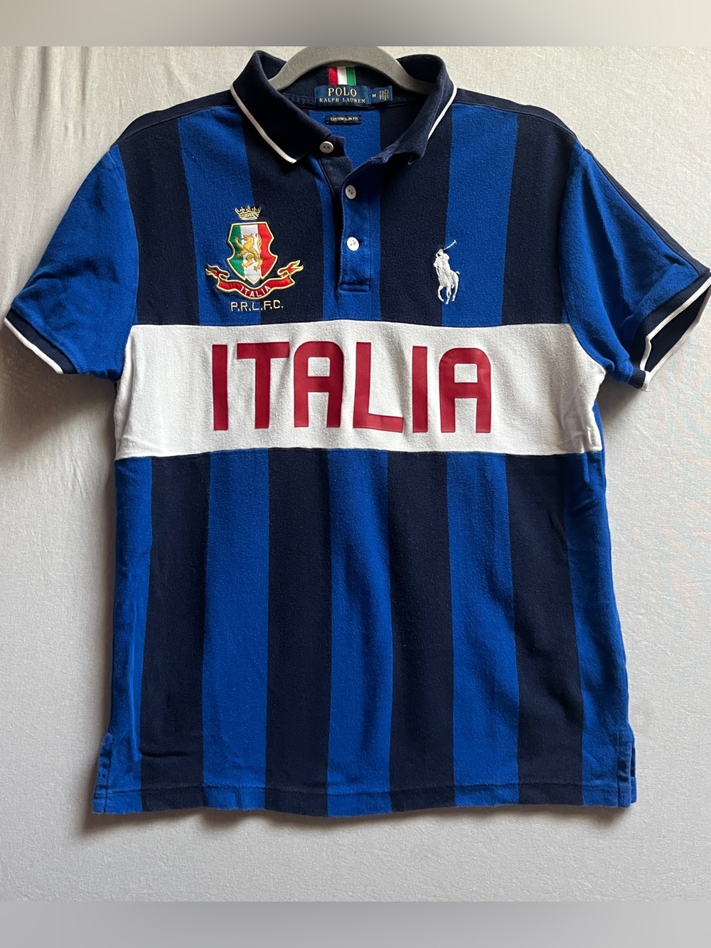 Polo Ralph Lauren Blue Striped Italia Custom Fit Rugby Polo Shirt Size Medium